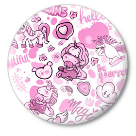 Значок с принтом Розовая мечта в Петрозаводске,  металл | круглая форма, металлическая застежка в виде булавки | анимэ | девочки звездочки | единороги | любовь | мечта | пони | сердце