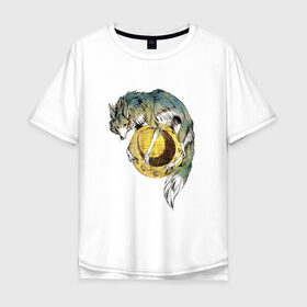 Мужская футболка хлопок Oversize с принтом волк на луне в Петрозаводске, 100% хлопок | свободный крой, круглый ворот, “спинка” длиннее передней части | Тематика изображения на принте: арт | волк | волченок | волчица | вымышленный персонаж | графика | легенда | луна | месяц | миф | рисунок | сказка