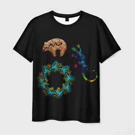 Мужская футболка 3D с принтом Медведи и ящерицы в Петрозаводске, 100% полиэфир | прямой крой, круглый вырез горловины, длина до линии бедер | медведи | цветные ящерицы | цветочные кольца | цветы | ящерицы
