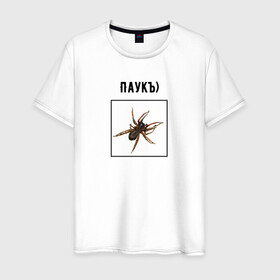 Мужская футболка хлопок с принтом Паукъ в Петрозаводске, 100% хлопок | прямой крой, круглый вырез горловины, длина до линии бедер, слегка спущенное плечо. | абстракция | бред | жак фреско | жуки | насекомое | паук | пауки | паучок | странная надпись | тараканы | тупость