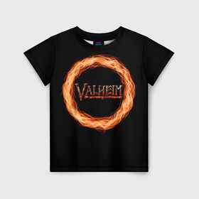 Детская футболка 3D с принтом Valheim - огненный круг в Петрозаводске, 100% гипоаллергенный полиэфир | прямой крой, круглый вырез горловины, длина до линии бедер, чуть спущенное плечо, ткань немного тянется | valheim | вальхейм | викинги | игра | компьютерный | круг | логотип | минимализм | огненный | огонь | подарок | черный