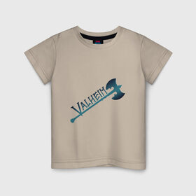 Детская футболка хлопок с принтом Valheim тёмное лого с секирой в Петрозаводске, 100% хлопок | круглый вырез горловины, полуприлегающий силуэт, длина до линии бедер | p2p | pvp | valheim | валхейм | викинг | викинги | выживание | градиент | лого | песочница | сага | секира | скандинавы | сурвайвал | тёмный