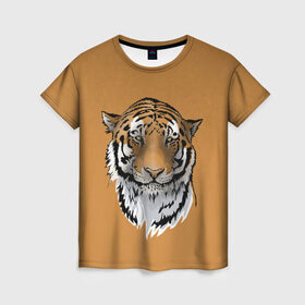 Женская футболка 3D с принтом Тигр в Петрозаводске, 100% полиэфир ( синтетическое хлопкоподобное полотно) | прямой крой, круглый вырез горловины, длина до линии бедер | большая кошка | графика | дикий мир | животное | кошка | персонаж | природа | рисунок | хищник