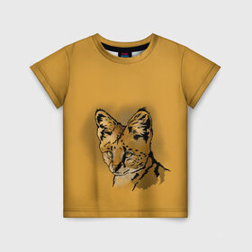Детская футболка 3D с принтом Сервал в Петрозаводске, 100% гипоаллергенный полиэфир | прямой крой, круглый вырез горловины, длина до линии бедер, чуть спущенное плечо, ткань немного тянется | африка | графика | дикий мир | животное | кошка | персонаж | природа | рисунок | хищник