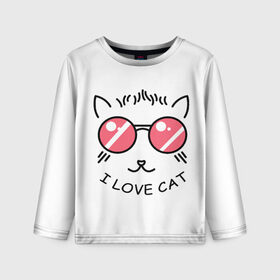 Детский лонгслив 3D с принтом I Love cat (я люблю котов) в Петрозаводске, 100% полиэстер | длинные рукава, круглый вырез горловины, полуприлегающий силуэт
 | Тематика изображения на принте: 8 марта | cat | i love you | kiss | love | губы | девушке | день влюбленных | зубы | киса | кот | котик | коты | люблю котов | любовь | любтмой | марта | очки | поцелуй | розовые губы | розовый | страсть | течет