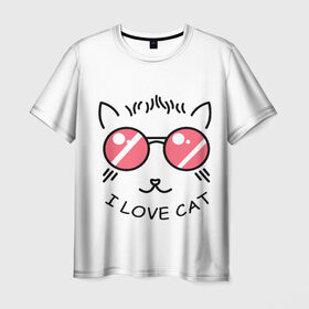 Мужская футболка 3D с принтом I Love cat (я люблю котов) в Петрозаводске, 100% полиэфир | прямой крой, круглый вырез горловины, длина до линии бедер | 8 марта | cat | i love you | kiss | love | губы | девушке | день влюбленных | зубы | киса | кот | котик | коты | люблю котов | любовь | любтмой | марта | очки | поцелуй | розовые губы | розовый | страсть | течет