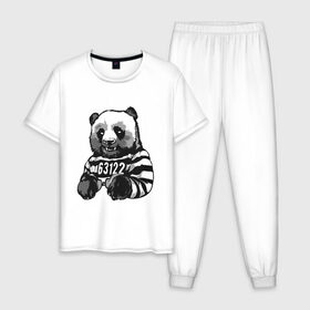 Мужская пижама хлопок с принтом Задержанный панда в Петрозаводске, 100% хлопок | брюки и футболка прямого кроя, без карманов, на брюках мягкая резинка на поясе и по низу штанин
 | бандит | медведь | опасный | панда | преступник | хипстер | хулиган