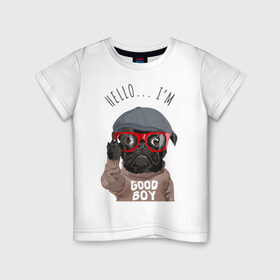 Детская футболка хлопок с принтом Хороший мальчик в Петрозаводске, 100% хлопок | круглый вырез горловины, полуприлегающий силуэт, длина до линии бедер | Тематика изображения на принте: кепка | мальчик | мопс | очки | пёс | собака | хипстер | хороший