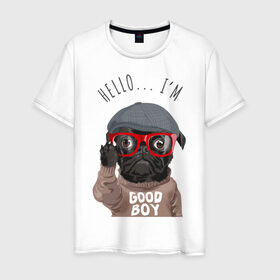Мужская футболка хлопок с принтом Хороший мальчик в Петрозаводске, 100% хлопок | прямой крой, круглый вырез горловины, длина до линии бедер, слегка спущенное плечо. | кепка | мальчик | мопс | очки | пёс | собака | хипстер | хороший