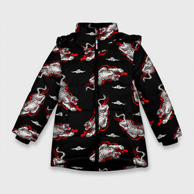 Зимняя куртка для девочек 3D с принтом Японский стиль - тигры в Петрозаводске, ткань верха — 100% полиэстер; подклад — 100% полиэстер, утеплитель — 100% полиэстер. | длина ниже бедра, удлиненная спинка, воротник стойка и отстегивающийся капюшон. Есть боковые карманы с листочкой на кнопках, утяжки по низу изделия и внутренний карман на молнии. 

Предусмотрены светоотражающий принт на спинке, радужный светоотражающий элемент на пуллере молнии и на резинке для утяжки. | Тематика изображения на принте: арт | животные | облака | огонь | пламя | рисунок | стиль | тигр | японский