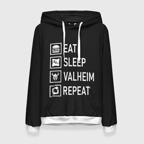 Женская толстовка 3D с принтом Eat Sleep Valheim Repeat в Петрозаводске, 100% полиэстер  | двухслойный капюшон со шнурком для регулировки, мягкие манжеты на рукавах и по низу толстовки, спереди карман-кенгуру с мягким внутренним слоем. | Тематика изображения на принте: elder | loki | odin | the | thor | valheim | биврёст | валхейм | вальхейм | викинги | все | дракар | древний | древо | ётун | йотун | локи | мира | один | отец | тор | фенир | хель | черный лес | эйктюр