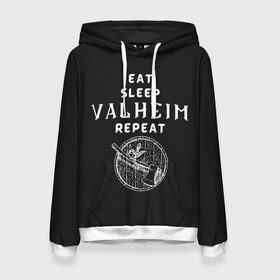 Женская толстовка 3D с принтом Eat Sleep Valheim Repeat в Петрозаводске, 100% полиэстер  | двухслойный капюшон со шнурком для регулировки, мягкие манжеты на рукавах и по низу толстовки, спереди карман-кенгуру с мягким внутренним слоем. | Тематика изображения на принте: elder | loki | odin | the | thor | valheim | биврёст | валхейм | вальхейм | викинги | всеотец | дракар | древний | древо | ётун | йотун | локи | мира | один | тор | фенир | хель | черный лес | эйктюр