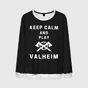 Мужской свитшот 3D с принтом Keep calm and play Valheim в Петрозаводске, 100% полиэстер с мягким внутренним слоем | круглый вырез горловины, мягкая резинка на манжетах и поясе, свободная посадка по фигуре | Тематика изображения на принте: elder | loki | odin | the | thor | valheim | биврёст | валхейм | вальхейм | викинги | всеотец | дракар | древний | древо | ётун | йотун | локи | мира | один | тор | фенир | хель | черный лес | эйктюр