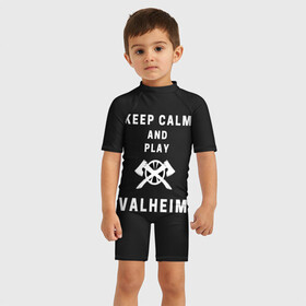 Детский купальный костюм 3D с принтом Keep calm and play Valheim в Петрозаводске, Полиэстер 85%, Спандекс 15% | застежка на молнии на спине | Тематика изображения на принте: elder | loki | odin | the | thor | valheim | биврёст | валхейм | вальхейм | викинги | всеотец | дракар | древний | древо | ётун | йотун | локи | мира | один | тор | фенир | хель | черный лес | эйктюр