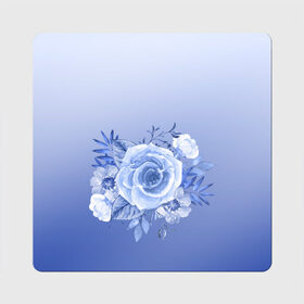 Магнит виниловый Квадрат с принтом Голубая роза акварель в Петрозаводске, полимерный материал с магнитным слоем | размер 9*9 см, закругленные углы | акварель | голубая | градиент | монрхром | природа | рисунок | роза | синий | цветок