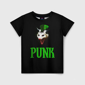 Детская футболка 3D с принтом punky trashcat в Петрозаводске, 100% гипоаллергенный полиэфир | прямой крой, круглый вырез горловины, длина до линии бедер, чуть спущенное плечо, ткань немного тянется | punk. | trashcat | животные | ирокез | опоссум | панк