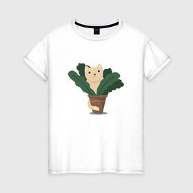 Женская футболка хлопок с принтом Кот в горшке в Петрозаводске, 100% хлопок | прямой крой, круглый вырез горловины, длина до линии бедер, слегка спущенное плечо | cat | киса | кот | кот в горшке | коты | кошка | фикус | цветы