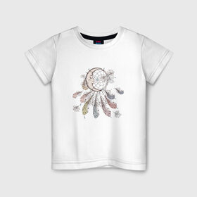 Детская футболка хлопок с принтом Лунный ловец в Петрозаводске, 100% хлопок | круглый вырез горловины, полуприлегающий силуэт, длина до линии бедер | защита | ловец снов | луна | магия | месяц | перья | сны