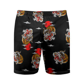 Мужские шорты спортивные с принтом Японский стиль - тигры в Петрозаводске,  |  | арт | животные | облака | огонь | пламя | рисунок | стиль | тигр | японский