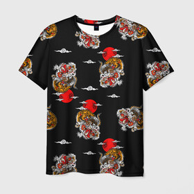 Мужская футболка 3D с принтом Японский стиль - тигры в Петрозаводске, 100% полиэфир | прямой крой, круглый вырез горловины, длина до линии бедер | арт | животные | облака | огонь | пламя | рисунок | стиль | тигр | японский