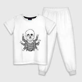 Детская пижама хлопок с принтом CoolSkull в Петрозаводске, 100% хлопок |  брюки и футболка прямого кроя, без карманов, на брюках мягкая резинка на поясе и по низу штанин
 | Тематика изображения на принте: like | peace | rock | skull | кости | лайк | матроска | мир | рок | руки | скелет | череп