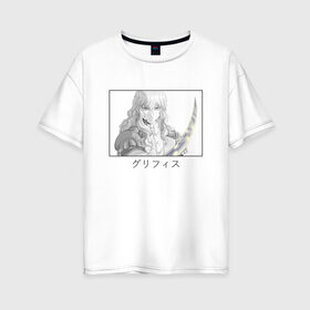 Женская футболка хлопок Oversize с принтом Гриффит в Петрозаводске, 100% хлопок | свободный крой, круглый ворот, спущенный рукав, длина до линии бедер
 | berserk | griffith | аниме парень | длинные волосы | иероглифы | имя на японском | меч | черная рамка