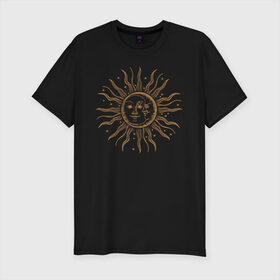 Мужская футболка хлопок Slim с принтом солнце и луна в Петрозаводске, 92% хлопок, 8% лайкра | приталенный силуэт, круглый вырез ворота, длина до линии бедра, короткий рукав | Тематика изображения на принте: звездное небо | зодиаки | космос | луна | солнце | тату | тренд