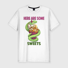 Мужская футболка хлопок Slim с принтом Змеиные ссссладости в Петрозаводске, 92% хлопок, 8% лайкра | приталенный силуэт, круглый вырез ворота, длина до линии бедра, короткий рукав | snake | sweet | sweets | десерты | змея | сладкое
