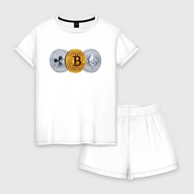 Женская пижама с шортиками хлопок с принтом БИТКОИН ЭФИРИУМ РИПЛ в Петрозаводске, 100% хлопок | футболка прямого кроя, шорты свободные с широкой мягкой резинкой | bitcoin | blockchain | btc | cardano | crypto | ethereum | polkadot | tether | xrp | бинанс | биткоин | блокчейн | валюта | деньги | криптовалюта | майнер | майнинг | цифровая валюта | цифровое золото | эфир