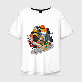 Мужская футболка хлопок Oversize с принтом Кот скейтер в Петрозаводске, 100% хлопок | свободный крой, круглый ворот, “спинка” длиннее передней части | Тематика изображения на принте: доска | кеды | кот | скейтер | спорт | хипстер