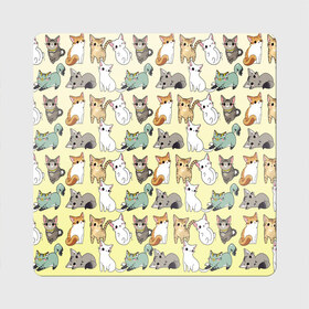 Магнит виниловый Квадрат с принтом мультяшные котики на желтом мя в Петрозаводске, полимерный материал с магнитным слоем | размер 9*9 см, закругленные углы | Тематика изображения на принте: ветеринар | градиент | домашний питомец | котейки | котики | коты | котэ | котята | кошатник | кошатница | кошачьи | кошки | любитель животных | много | мультяшные | мяу | нэко | рисованный | узор