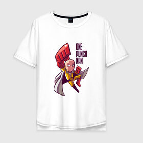Мужская футболка хлопок Oversize с принтом герой Сайтама комикс в Петрозаводске, 100% хлопок | свободный крой, круглый ворот, “спинка” длиннее передней части | аниме | герой | комикс | костюм | лысый | надпись | плащ | полет | сайтама | супергерой | фан арт | фанарт | человек один удар | чиби