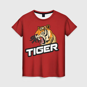 Женская футболка 3D с принтом Тигр в Петрозаводске, 100% полиэфир ( синтетическое хлопкоподобное полотно) | прямой крой, круглый вырез горловины, длина до линии бедер | дикий | добыча | животное | лес | тигр | хищник