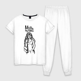 Женская пижама хлопок с принтом My life - my rules в Петрозаводске, 100% хлопок | брюки и футболка прямого кроя, без карманов, на брюках мягкая резинка на поясе и по низу штанин | бич герлс | дерзкая | стерва