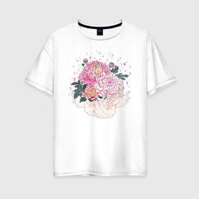 Женская футболка хлопок Oversize с принтом Пионы в Петрозаводске, 100% хлопок | свободный крой, круглый ворот, спущенный рукав, длина до линии бедер
 | flo | flowers | растения | флористика | цветение | цветы
