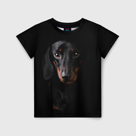 Детская футболка 3D с принтом ТАКСА в Петрозаводске, 100% гипоаллергенный полиэфир | прямой крой, круглый вырез горловины, длина до линии бедер, чуть спущенное плечо, ткань немного тянется | Тематика изображения на принте: animal | black | dog | photo | глаза | домашние | животные | звери | пес | собакен | собаки | такса | черный
