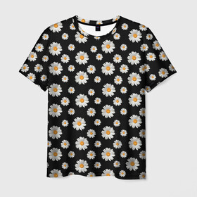Мужская футболка 3D с принтом Ромашки на чёрном в Петрозаводске, 100% полиэфир | прямой крой, круглый вырез горловины, длина до линии бедер | бабочки | лето | природа | рома | ромашка | ромашки | цветочки | цветы