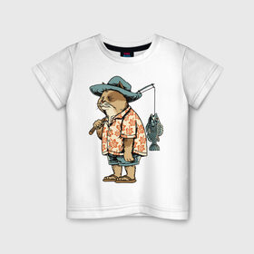 Детская футболка хлопок с принтом Котан рыбак в Петрозаводске, 100% хлопок | круглый вырез горловины, полуприлегающий силуэт, длина до линии бедер | кот | лето | рубашка | рыба | удочка | хипстер | шлепанцы | шорты