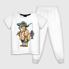 Детская пижама хлопок с принтом Котан рыбак в Петрозаводске, 100% хлопок |  брюки и футболка прямого кроя, без карманов, на брюках мягкая резинка на поясе и по низу штанин
 | кот | лето | рубашка | рыба | удочка | хипстер | шлепанцы | шорты