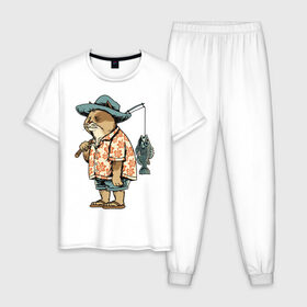 Мужская пижама хлопок с принтом Котан рыбак в Петрозаводске, 100% хлопок | брюки и футболка прямого кроя, без карманов, на брюках мягкая резинка на поясе и по низу штанин
 | кот | лето | рубашка | рыба | удочка | хипстер | шлепанцы | шорты