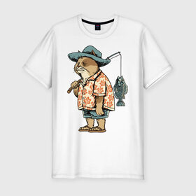 Мужская футболка хлопок Slim с принтом Котан рыбак в Петрозаводске, 92% хлопок, 8% лайкра | приталенный силуэт, круглый вырез ворота, длина до линии бедра, короткий рукав | кот | лето | рубашка | рыба | удочка | хипстер | шлепанцы | шорты