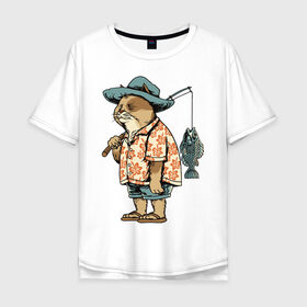 Мужская футболка хлопок Oversize с принтом Котан рыбак в Петрозаводске, 100% хлопок | свободный крой, круглый ворот, “спинка” длиннее передней части | кот | лето | рубашка | рыба | удочка | хипстер | шлепанцы | шорты