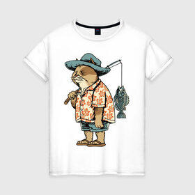 Женская футболка хлопок с принтом Котан рыбак в Петрозаводске, 100% хлопок | прямой крой, круглый вырез горловины, длина до линии бедер, слегка спущенное плечо | кот | лето | рубашка | рыба | удочка | хипстер | шлепанцы | шорты
