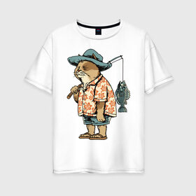Женская футболка хлопок Oversize с принтом Котан рыбак в Петрозаводске, 100% хлопок | свободный крой, круглый ворот, спущенный рукав, длина до линии бедер
 | кот | лето | рубашка | рыба | удочка | хипстер | шлепанцы | шорты