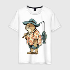 Мужская футболка хлопок с принтом Котан рыбак в Петрозаводске, 100% хлопок | прямой крой, круглый вырез горловины, длина до линии бедер, слегка спущенное плечо. | кот | лето | рубашка | рыба | удочка | хипстер | шлепанцы | шорты