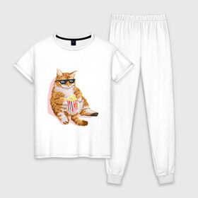 Женская пижама хлопок с принтом Ленивый кот в Петрозаводске, 100% хлопок | брюки и футболка прямого кроя, без карманов, на брюках мягкая резинка на поясе и по низу штанин | корн | кот | ленивый | очки | поп | попкорн | хипстер