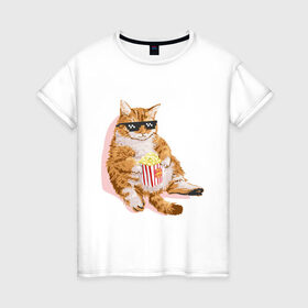 Женская футболка хлопок с принтом Ленивый кот в Петрозаводске, 100% хлопок | прямой крой, круглый вырез горловины, длина до линии бедер, слегка спущенное плечо | корн | кот | ленивый | очки | поп | попкорн | хипстер