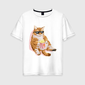 Женская футболка хлопок Oversize с принтом Ленивый кот в Петрозаводске, 100% хлопок | свободный крой, круглый ворот, спущенный рукав, длина до линии бедер
 | корн | кот | ленивый | очки | поп | попкорн | хипстер