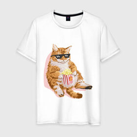 Мужская футболка хлопок с принтом Ленивый кот в Петрозаводске, 100% хлопок | прямой крой, круглый вырез горловины, длина до линии бедер, слегка спущенное плечо. | Тематика изображения на принте: корн | кот | ленивый | очки | поп | попкорн | хипстер