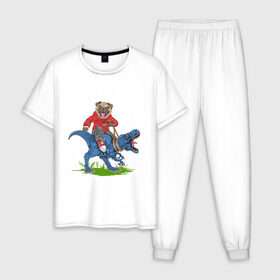 Мужская пижама хлопок с принтом Мопс на динозавре в Петрозаводске, 100% хлопок | брюки и футболка прямого кроя, без карманов, на брюках мягкая резинка на поясе и по низу штанин
 | дикий | динозавр | кеды | мопс | собака | тирекс | хипстер